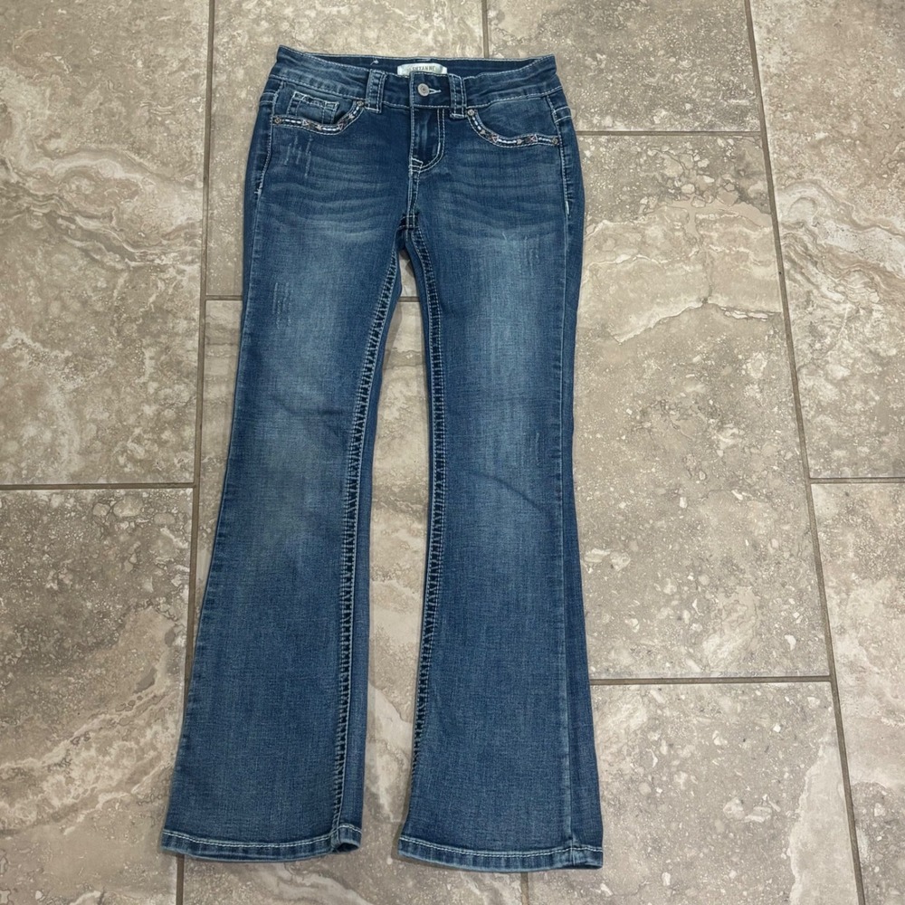 Shyanne Girls Bootcut Jeans Medium Wash Cow Skull Embroidered Pockets Size 8